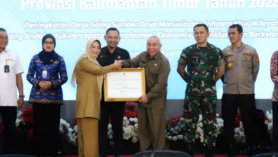 Gubernur Isran Noor menyerahkan Penghargaan Pembangunan Daerah (PPD) Kabupaten/Kota Tahun 2023 dalam Musrenbang RKPD Kaltim 2024 pada Senin (17/4/2023).
